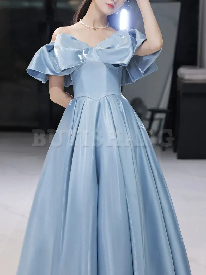 Buyishang Simple Blue Satin Long Prom Dress Blue Formal Graduation Dresses prom dresses shops