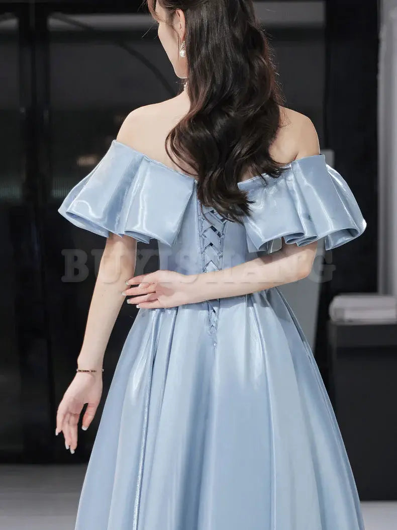 Buyishang Simple Blue Satin Long Prom Dress Blue Formal Graduation Dresses prom dresses shops