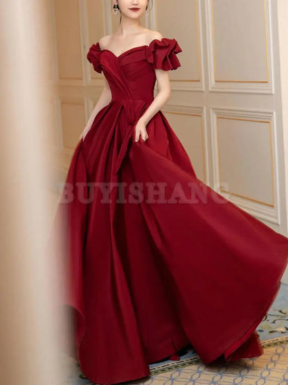 Buyishang Simple Burgundy Satin Long Prom Dress Burgundy Bridesmaid Dress prom dresses shops ﻿