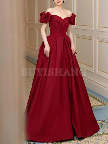 Buyishang Simple Burgundy Satin Long Prom Dress Burgundy Bridesmaid Dress prom dresses shops ﻿