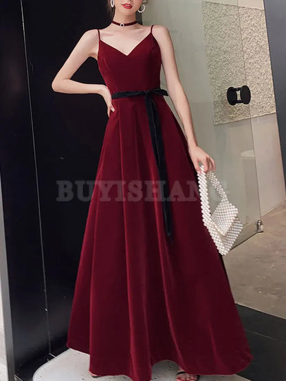 Buyishang Simple Burgundy Velvet Long Prom Dresses Burgundy Long Formal Graduation Dresses Bridesmaid dress shop