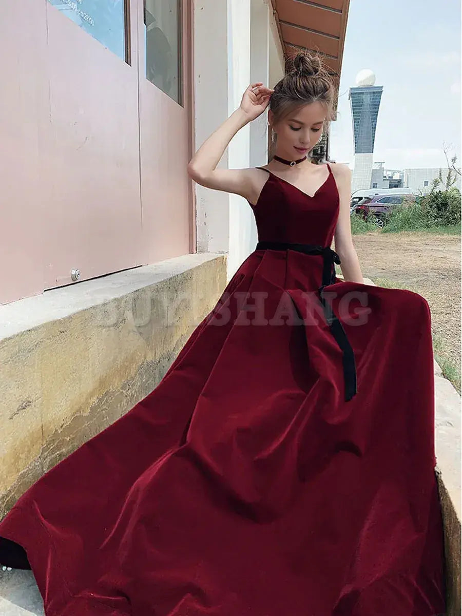 Buyishang Simple Burgundy Velvet Long Prom Dresses Burgundy Long Formal Graduation Dresses Bridesmaid dress shop