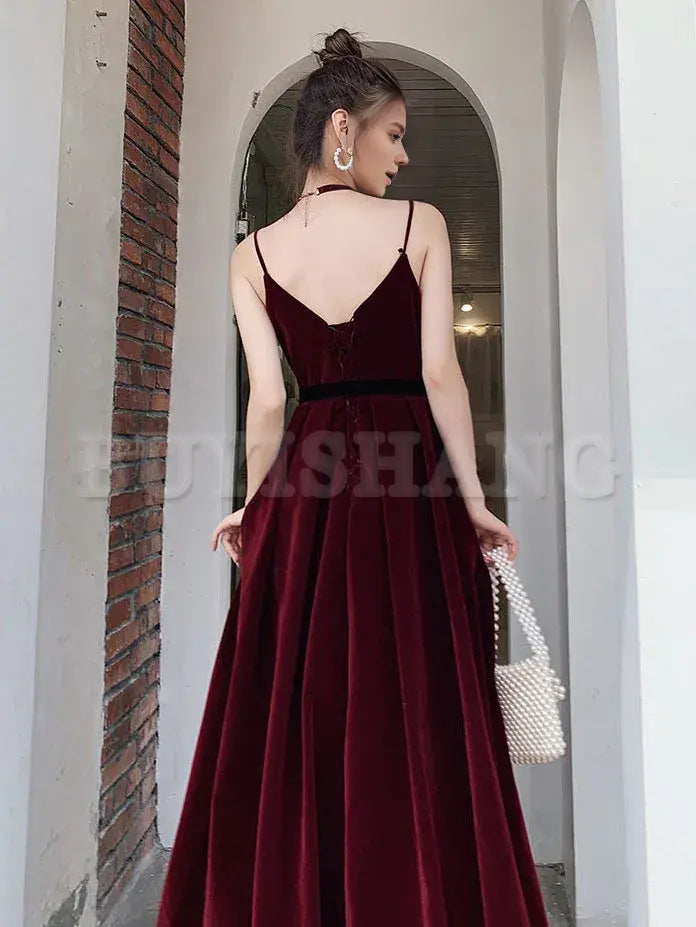 Buyishang Simple Burgundy Velvet Long Prom Dresses Burgundy Long Formal Graduation Dresses Bridesmaid dress shop