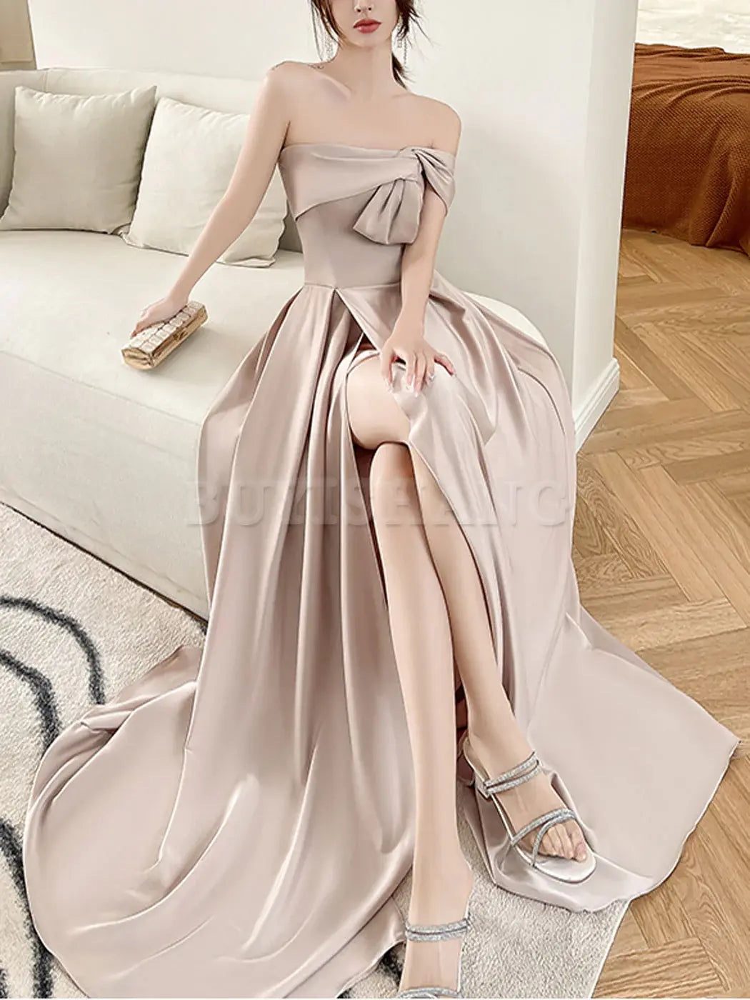 Buyishang Simple Champagne A line Long Prom Dress Champagne Bridesmaid Dresses prom dresses shops