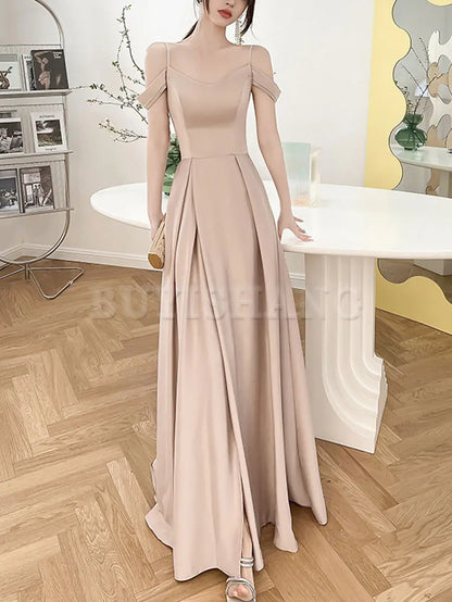 Buyishang Simple Champagne A line Long Prom Dress Champagne Bridesmaid Dresses prom dresses shops