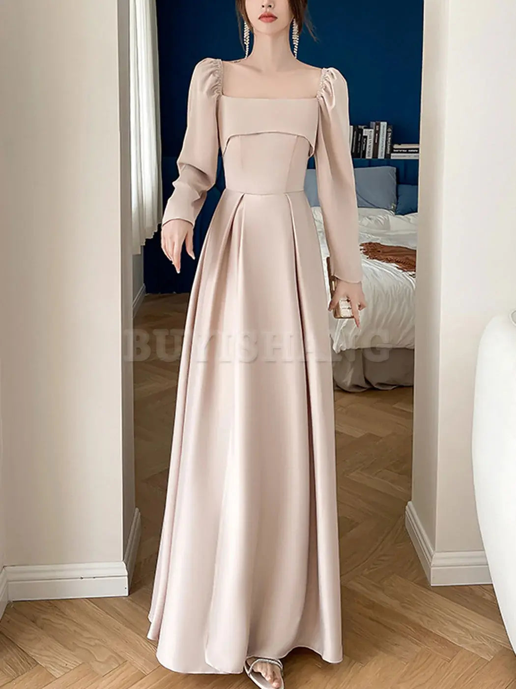 Buyishang Simple Champagne A line Long Prom Dress Champagne Bridesmaid Dresses prom dresses shops