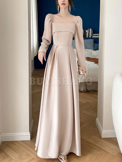 Buyishang Simple Champagne A line Long Prom Dress Champagne Bridesmaid Dresses prom dresses shops