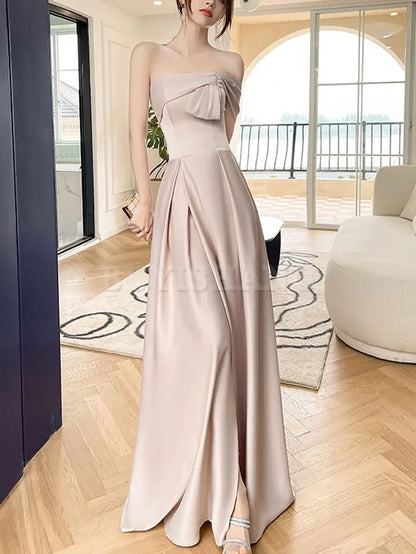 Buyishang Simple Champagne A line Long Prom Dress Champagne Bridesmaid Dresses prom dresses shops