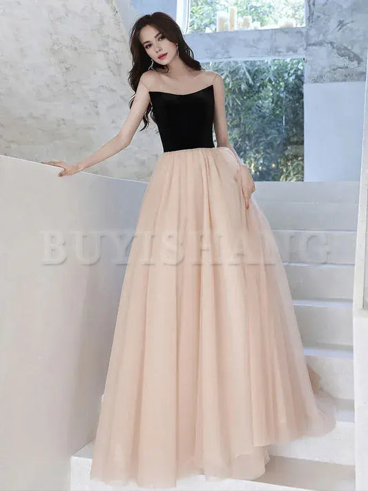 Buyishang Simple Champagne Long Prom Dresses Champagne Tulle Formal Dresses Bridesmaid dress shop