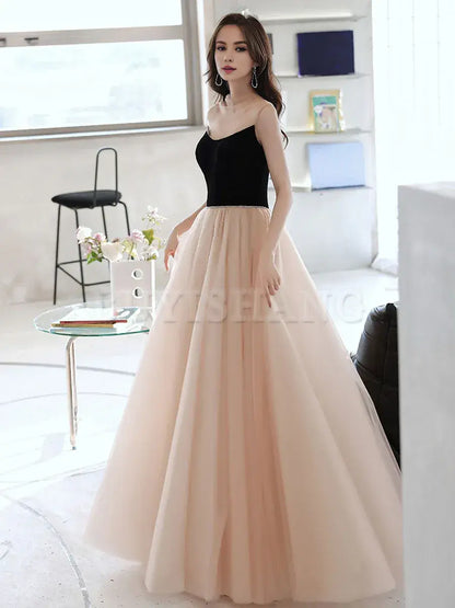 Buyishang Simple Champagne Long Prom Dresses Champagne Tulle Formal Dresses Bridesmaid dress shop