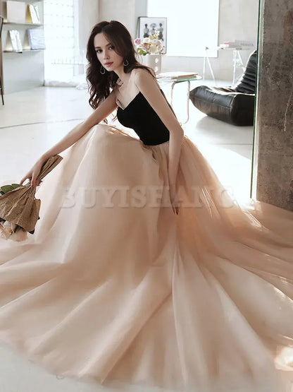 Buyishang Simple Champagne Long Prom Dresses Champagne Tulle Formal Dresses Bridesmaid dress shop