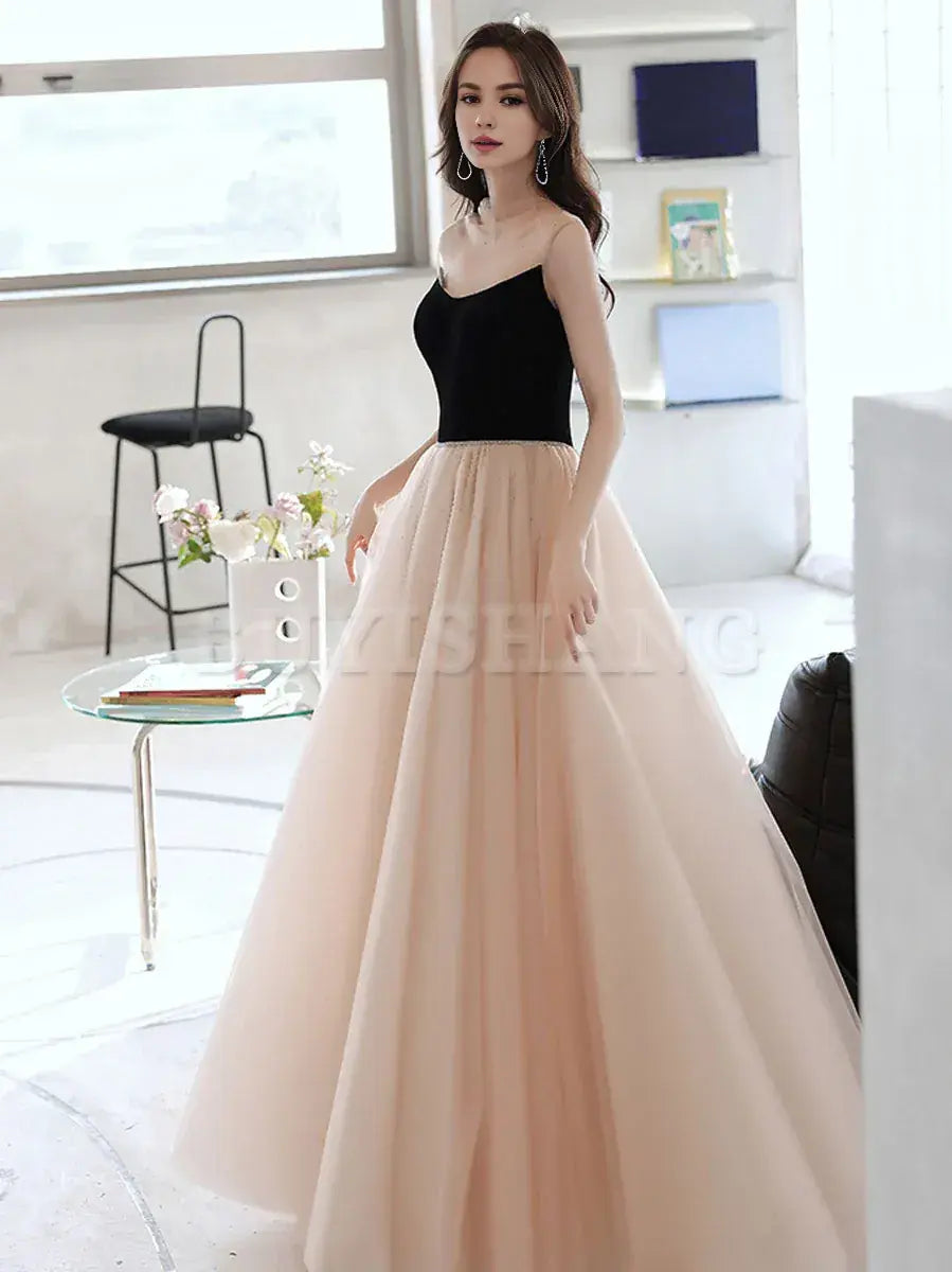 Buyishang Simple Champagne Long Prom Dresses Champagne Tulle Formal Dresses Bridesmaid dress shop