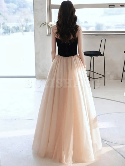 Buyishang Simple Champagne Long Prom Dresses Champagne Tulle Formal Dresses Bridesmaid dress shop