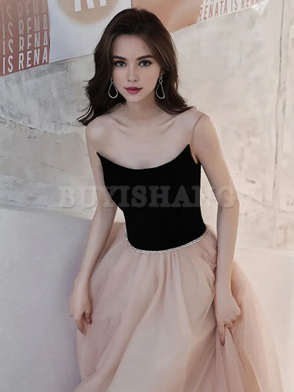 Buyishang Simple Champagne Long Prom Dresses Champagne Tulle Formal Dresses Bridesmaid dress shop