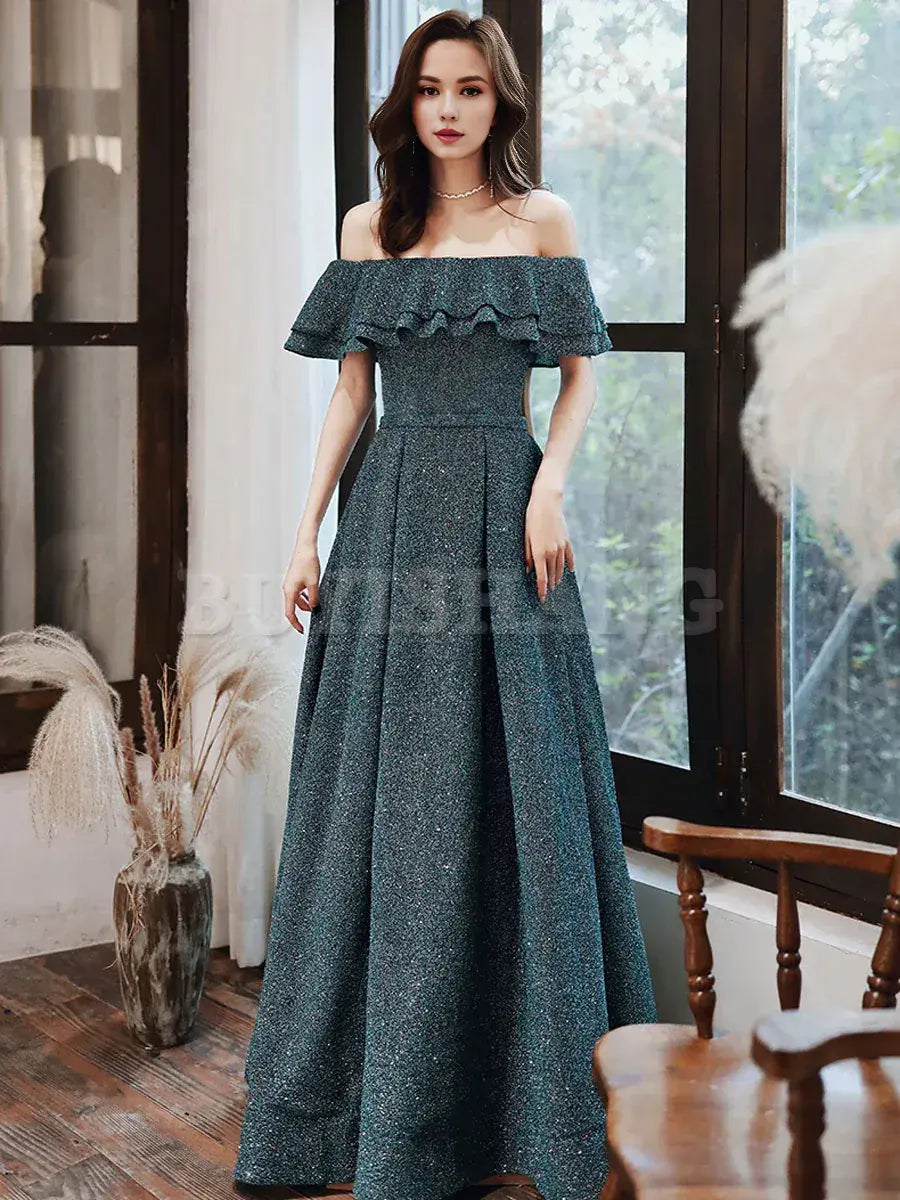 Buyishang Simple Green Off Shoulder Long Prom Dress Green Formal Graduation Dresses Bridesmaid dress shop