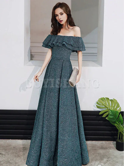 Buyishang Simple Green Off Shoulder Long Prom Dress Green Formal Graduation Dresses Bridesmaid dress shop