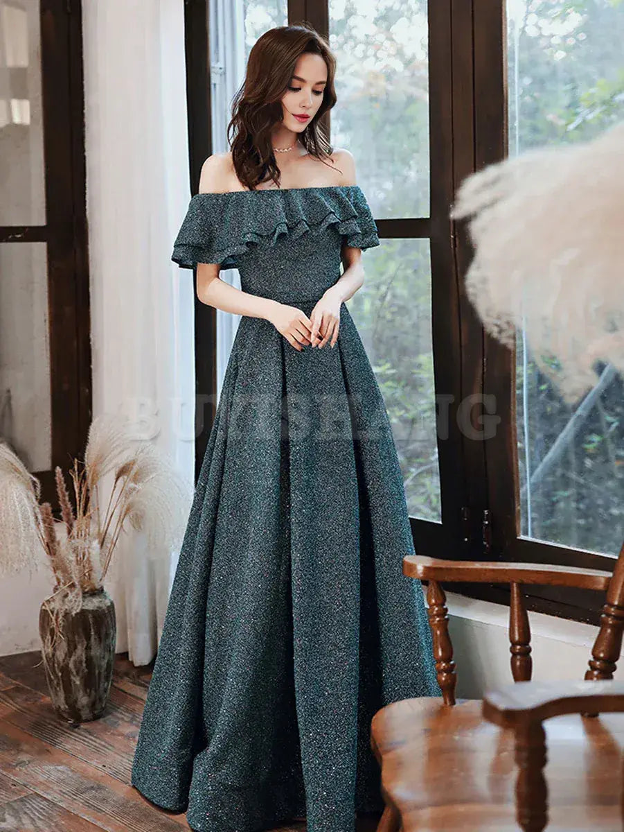 Buyishang Simple Green Off Shoulder Long Prom Dress Green Formal Graduation Dresses Bridesmaid dress shop