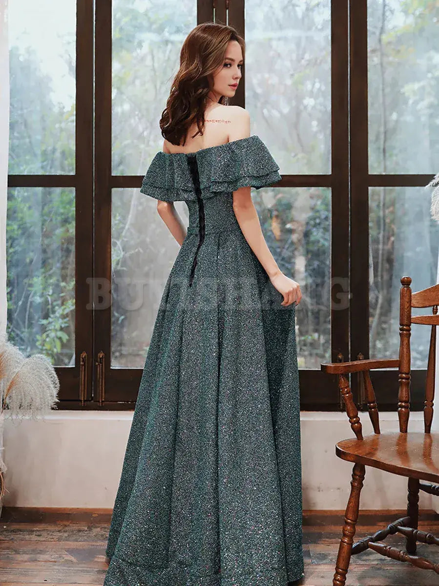 Buyishang Simple Green Off Shoulder Long Prom Dress Green Formal Graduation Dresses Bridesmaid dress shop