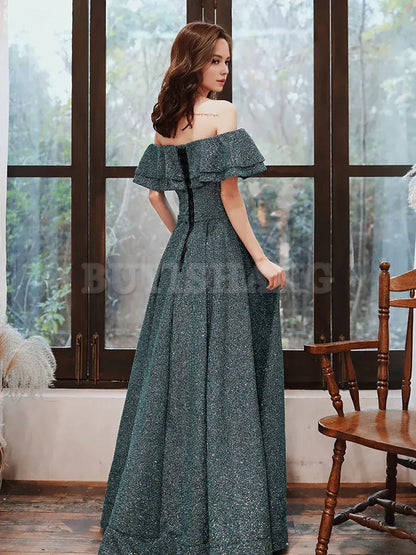 Buyishang Simple Green Off Shoulder Long Prom Dress Green Formal Graduation Dresses Bridesmaid dress shop