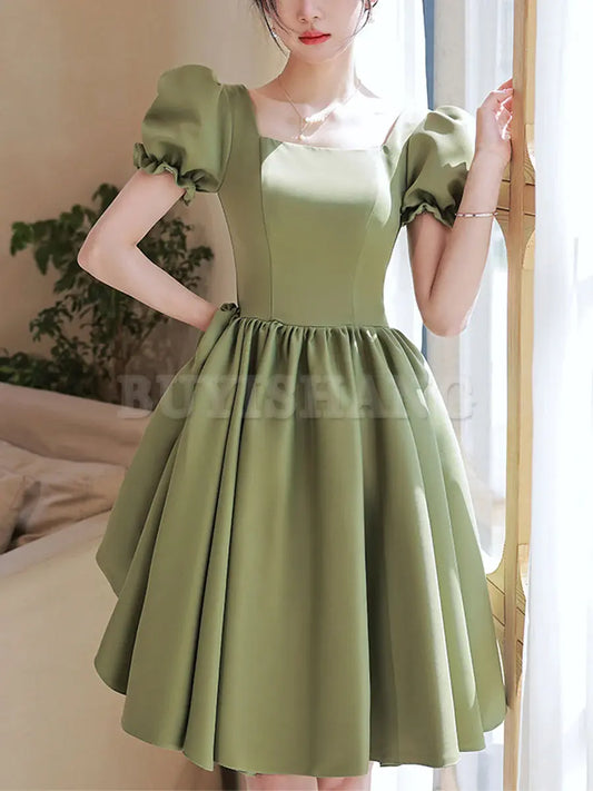 Buyishang Simple Green Satin Short Prom Dress Green Satin Bridesmaid Dress Bridesmaid dress shop