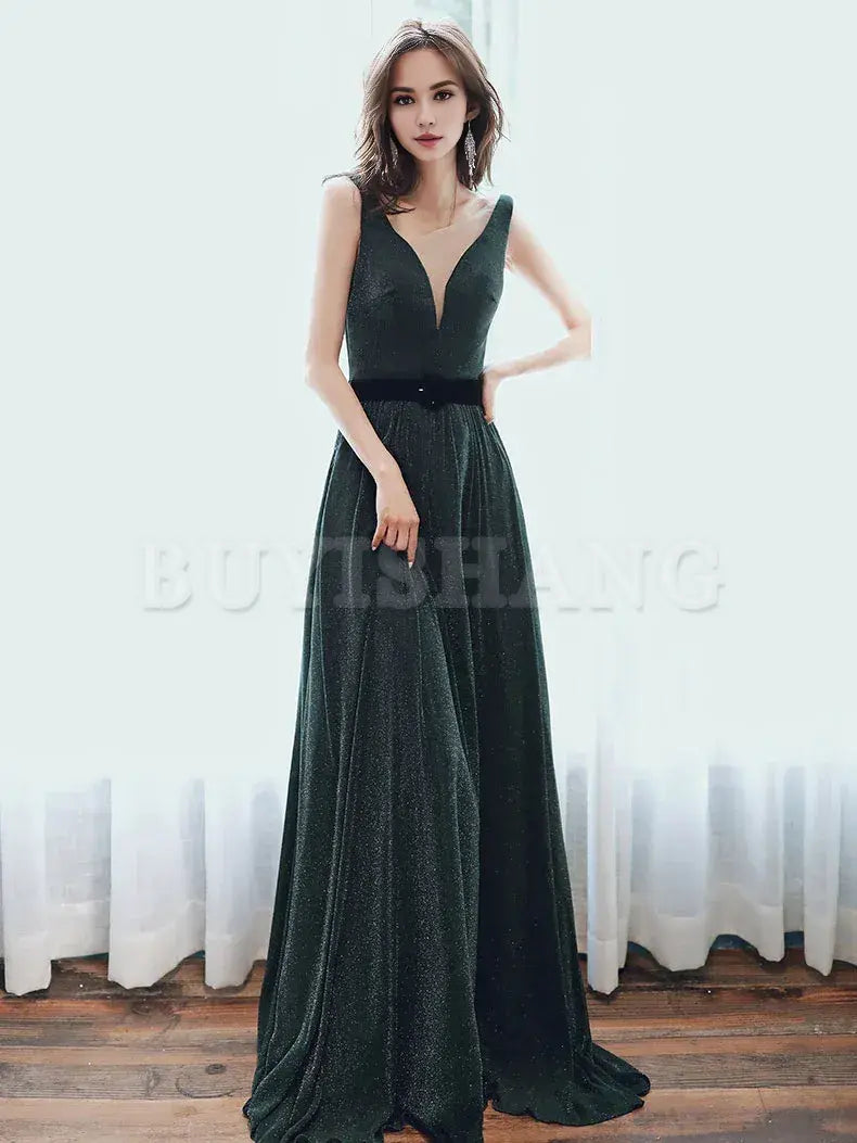 Buyishang Simple Green V Neck Long Prom Dresses Green Evening Dresses Bridesmaid dress shop