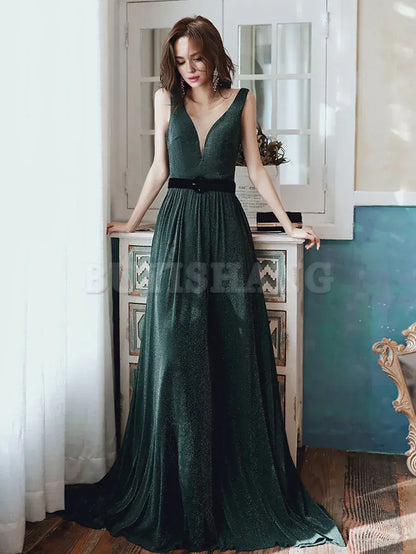 Buyishang Simple Green V Neck Long Prom Dresses Green Evening Dresses Bridesmaid dress shop