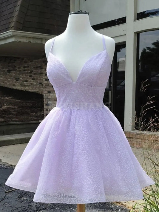 Buyishang Simple Purple V Neck Tulle Short Prom Dresses Purple Homecoming Dresses prom dress in store