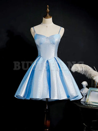 Buyishang Simple Sweetheart Neck Satin Short Blue Prom Dresses Puffy Blue Homecoming Dresses Bridesmaid dress shop