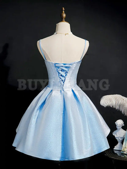 Buyishang Simple Sweetheart Neck Satin Short Blue Prom Dresses Puffy Blue Homecoming Dresses Bridesmaid dress shop