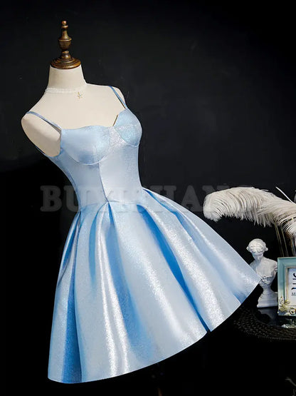 Buyishang Simple Sweetheart Neck Satin Short Blue Prom Dresses Puffy Blue Homecoming Dresses Bridesmaid dress shop