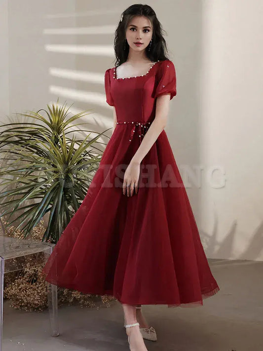 Buyishang Simple Tea Length Burgundy Prom Dress Burgundy Graduation Dresses prom dresses shops ﻿