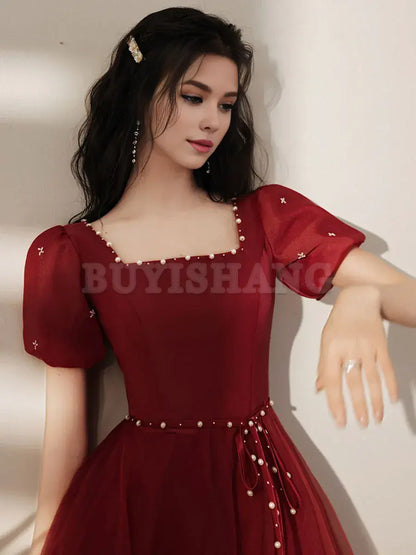 Buyishang Simple Tea Length Burgundy Prom Dress Burgundy Graduation Dresses prom dresses shops ﻿