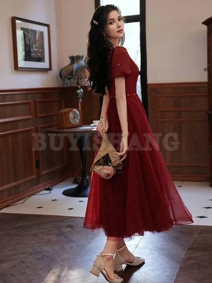 Buyishang Simple Tea Length Burgundy Prom Dress Burgundy Graduation Dresses prom dresses shops ﻿