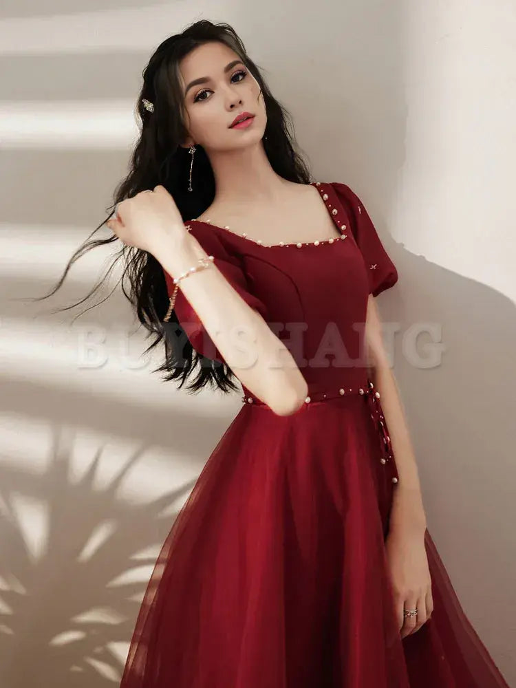 Buyishang Simple Tea Length Burgundy Prom Dress Burgundy Graduation Dresses prom dresses shops ﻿