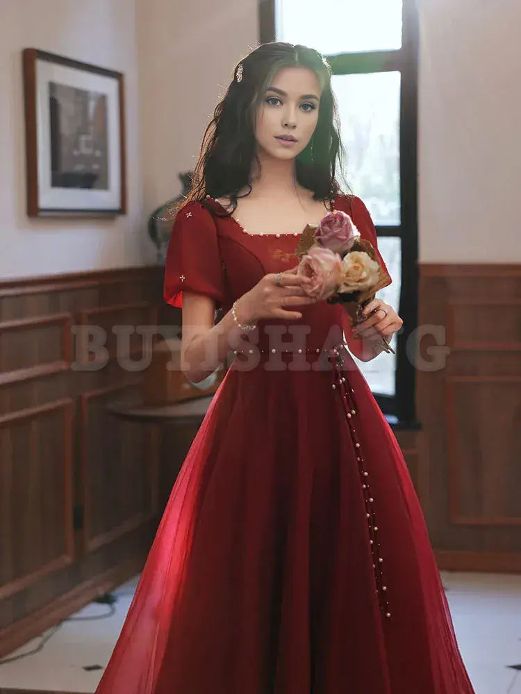 Buyishang Simple Tea Length Burgundy Prom Dress Burgundy Graduation Dresses prom dresses shops ﻿