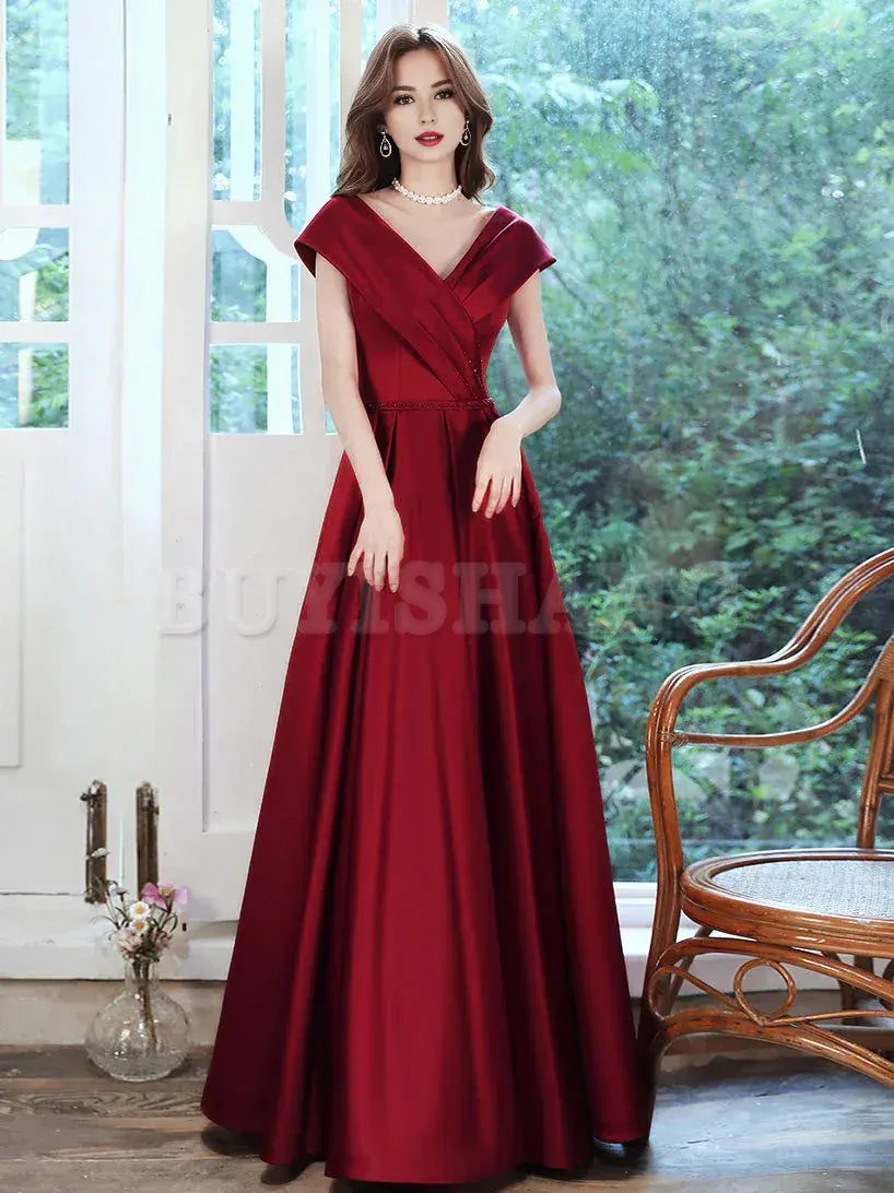 Buyishang Simple V Neck Burgundy Long Prom Dress Burgundy A-line Formal Dresses Bridesmaid dress shop