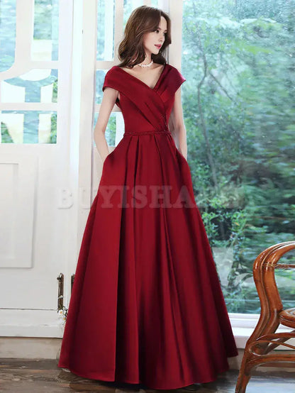 Buyishang Simple V Neck Burgundy Long Prom Dress Burgundy A-line Formal Dresses Bridesmaid dress shop