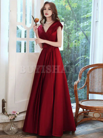 Buyishang Simple V Neck Burgundy Long Prom Dress Burgundy A-line Formal Dresses Bridesmaid dress shop