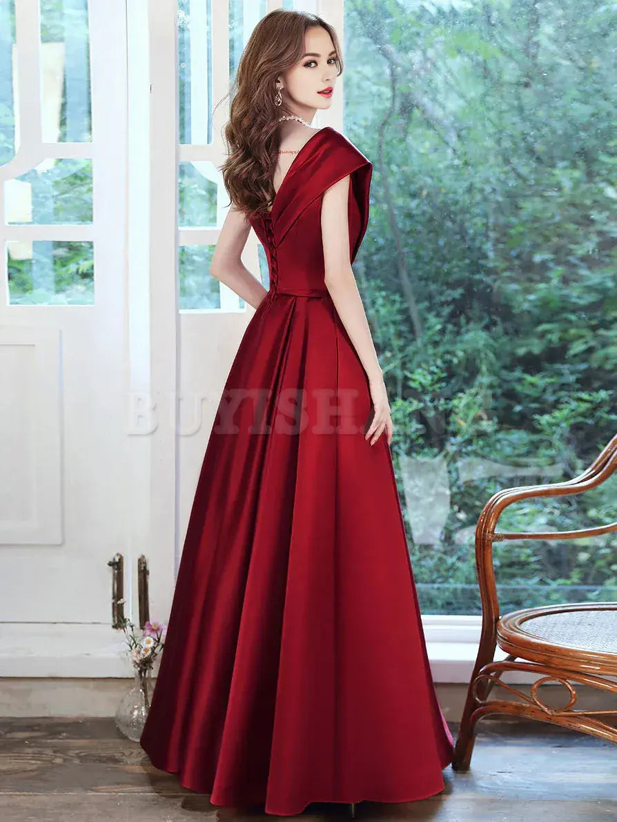 Buyishang Simple V Neck Burgundy Long Prom Dress Burgundy A-line Formal Dresses Bridesmaid dress shop