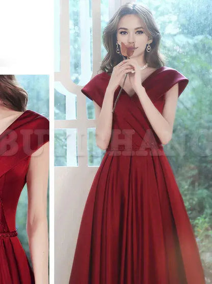 Buyishang Simple V Neck Burgundy Long Prom Dress Burgundy A-line Formal Dresses Bridesmaid dress shop