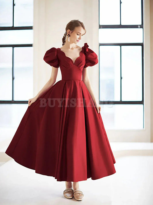 Buyishang Simple V Neck Burgundy Tea Length Prom Dress Burgundy Bridesmaid Dress Bridesmaid dress shop