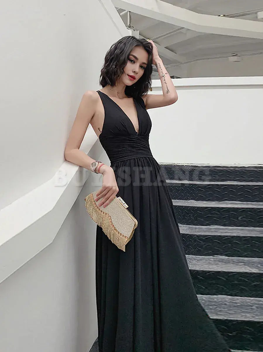 Buyishang Simple V Neck Chiffon Black Long Prom Dress Black Evening Dresses prom dresses shops