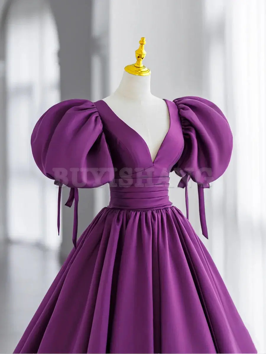 Buyishang Simple V Neck Puffy Sleeves Satin Long Prom Dress Satin Evening Dress prom dresses shops