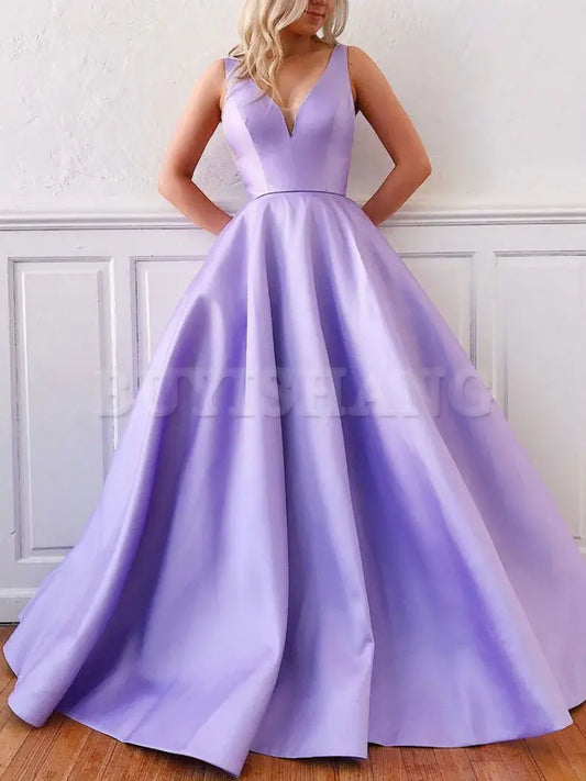 Buyishang Simple V Neck Satin Purple Long Prom Dress Purple Formal Graduation Dresses Bridesmaid dress shop