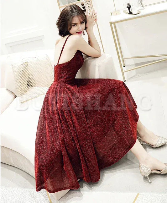 Buyishang Simple V Neck Tulle Sequin Short Prom Dress Burgundy Homecoming Dress prom dress in store