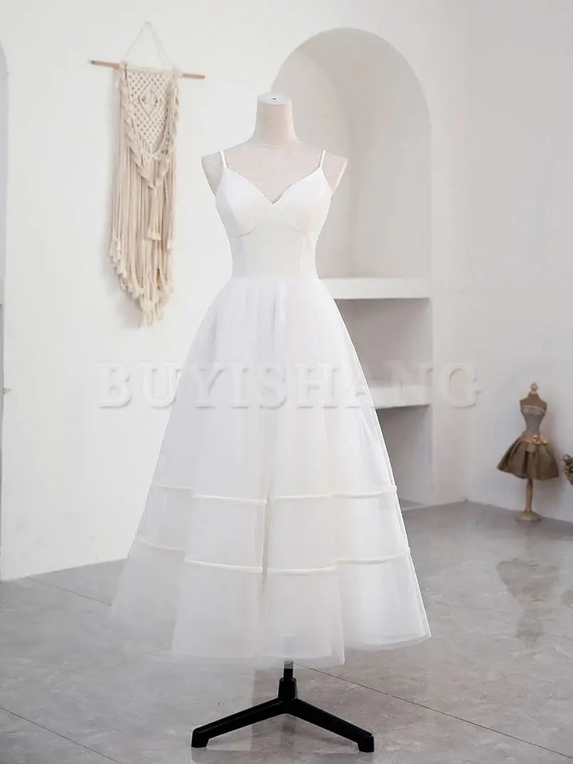 Buyishang Simple V Neck Tulle Tea Length White Prom Dress White Bridesmaid Dress prom dresses shops