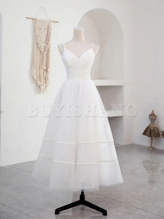 Buyishang Simple V Neck Tulle Tea Length White Prom Dress White Bridesmaid Dress prom dresses shops