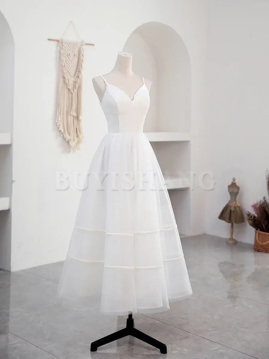 Buyishang Simple V Neck Tulle Tea Length White Prom Dress White Bridesmaid Dress prom dresses shops