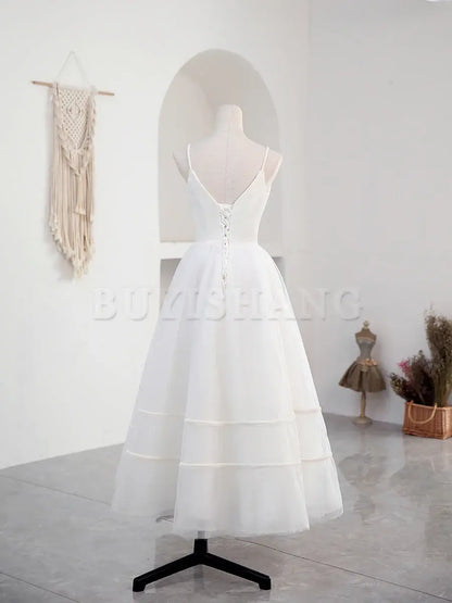 Buyishang Simple V Neck Tulle Tea Length White Prom Dress White Bridesmaid Dress prom dresses shops