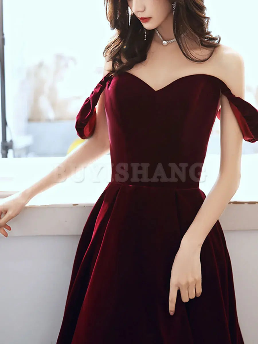 Buyishang Simple Velvet Tea Length Prom Dresses Burgundy Velvet Evening Dresses Bridesmaid dress shop